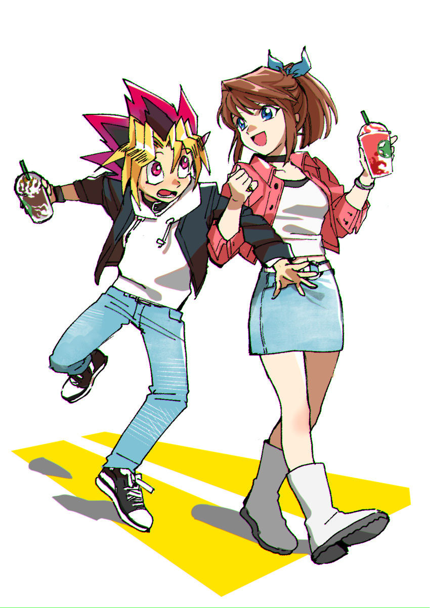 1boy 1girl 203wolves :d arm_grab bangs black_choker black_footwear black_hair black_jacket blonde_hair blue_bow blue_eyes blue_pants blue_skirt boots bow bracelet brown_hair choker collarbone denim denim_skirt drinking_straw eye_contact graphite_(medium) hair_between_eyes hair_bow highres holding hood hood_down hooded_sweater jacket jewelry long_hair long_sleeves looking_at_another mazaki_anzu miniskirt multicolored_hair mutou_yuugi open_clothes open_jacket open_mouth pants pencil_skirt pink_jacket ponytail red_eyes redhead ring shiny shiny_hair shirt shoes sidelocks simple_background skirt smile sneakers spiky_hair sweater traditional_media walking wavy_mouth white_background white_footwear white_shirt white_sweater wing_collar yuu-gi-ou yuu-gi-ou_duel_monsters