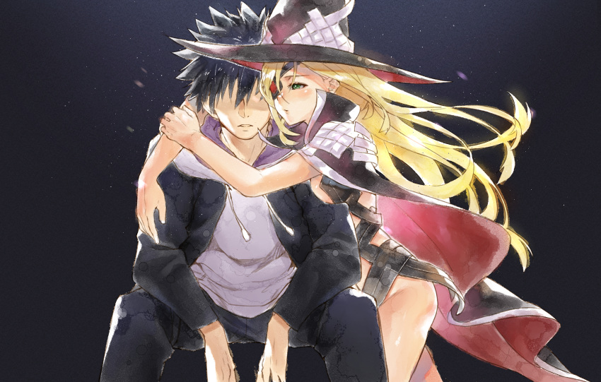 1boy 1girl absurdres anbiya_h arms_around_neck black_background black_hair black_hoodie black_legwear blonde_hair cape closed_mouth commentary eyepatch green_eyes groin hair_over_eyes hair_over_one_eye half-closed_eyes hat hidden_eyes highres hug huge_filesize imminent_kiss kamijou_touma long_hair looking_at_another othinus pants sitting spiky_hair spread_legs standing to_aru_majutsu_no_index to_aru_majutsu_no_index:_new_testament two-sided_fabric very_long_hair witch_hat