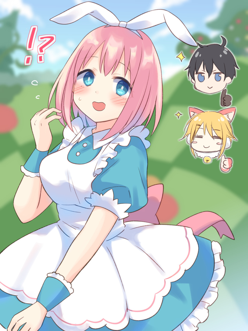 !? 1boy 2girls :&gt; =_= alice_(wonderland) alice_(wonderland)_(cosplay) alice_in_wonderland animal_ear_fluff animal_ears apron bangs black_hair blonde_hair blue_dress blue_eyes blurry blurry_background breasts brown_gloves character_request chibi chibi_inset closed_eyes closed_mouth commentary_request cosplay day depth_of_field dress eyebrows_visible_through_hair fake_animal_ears flying_sweatdrops frilled_apron frilled_dress frills gloves gucchiann hair_between_eyes hand_up highres maid_apron medium_breasts multiple_girls open_mouth outdoors pink_hair princess_connect! princess_connect!_re:dive puffy_short_sleeves puffy_sleeves rabbit_ears short_sleeves smile sparkle thumbs_up white_apron wrist_cuffs yui_(princess_connect!) yuuki_(princess_connect!)
