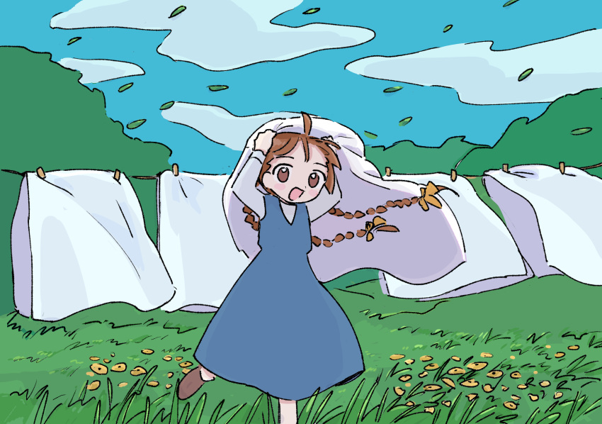 1girl 1nupool :d ahoge arms_behind_head arms_up bangs bed_sheet blue_dress blue_sky blush_stickers bow braid brown_eyes brown_footwear brown_hair clothes_pin clothesline clouds cloudy_sky day dot_nose dress drying drying_clothes falling_leaves floating_hair flower foot_out_of_frame grass hair_bow highres hill holding holding_sheet laundry leaf leg_up long_hair long_sleeves looking_at_viewer low_twintails medium_dress no_pupils open_mouth original outdoors pinafore_dress running scenery shade shirt shoes sky smile solo standing tareme twin_braids twintails white_shirt wind yellow_bow yellow_flower