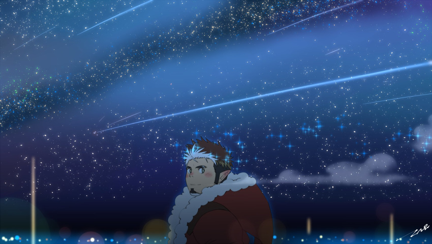 1boy bara beard blush breath brown_hair facial_hair goatee highres hood hoodie looking_at_viewer male_focus multicolored_hair pointy_ears santa_costume shiny shiny_hair shooting_star sideburns sky smile snowflakes solo sparkle star_(sky) starry_sky tokyo_houkago_summoners tomte_(tokyo_houkago_summoners) tptptpn upper_body