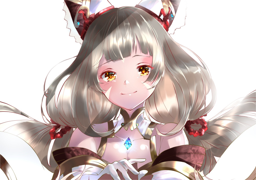 1girl absurdres animal_ears chest_jewel detached_sleeves facial_mark highres looking_at_viewer low_twintails niyah niyah_(blade) risumi_(taka-fallcherryblossom) simple_background smile solo twintails upper_body white_background xenoblade_(series) xenoblade_2 yellow_eyes
