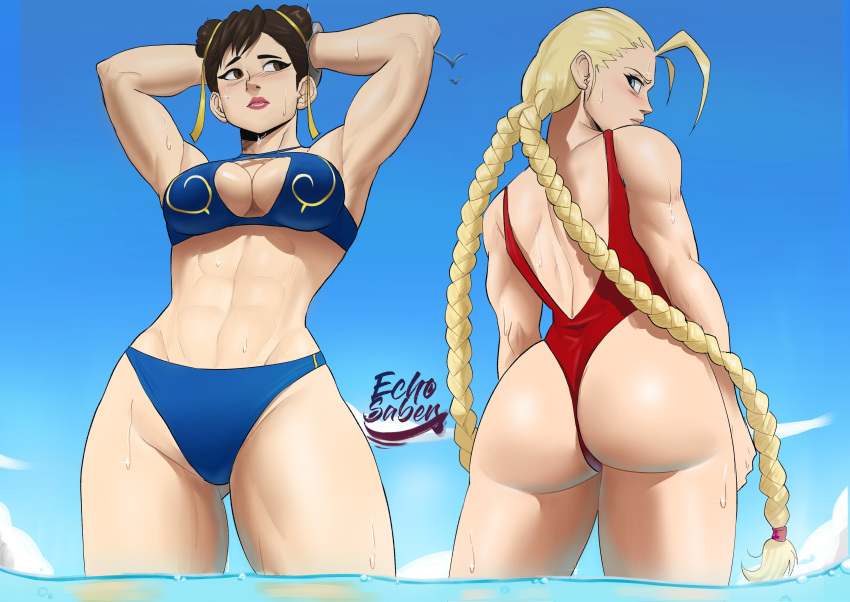 2girls abs absurdres ahoge artist_name ass bikini blonde_hair blue_bikini blue_eyes blush braid breasts brown_eyes brown_hair cammy_white chun-li double_bun echo_saber highres large_breasts lips multiple_girls ocean one-piece_swimsuit red_swimsuit signature street_fighter summer swimsuit thighs toned twin_braids