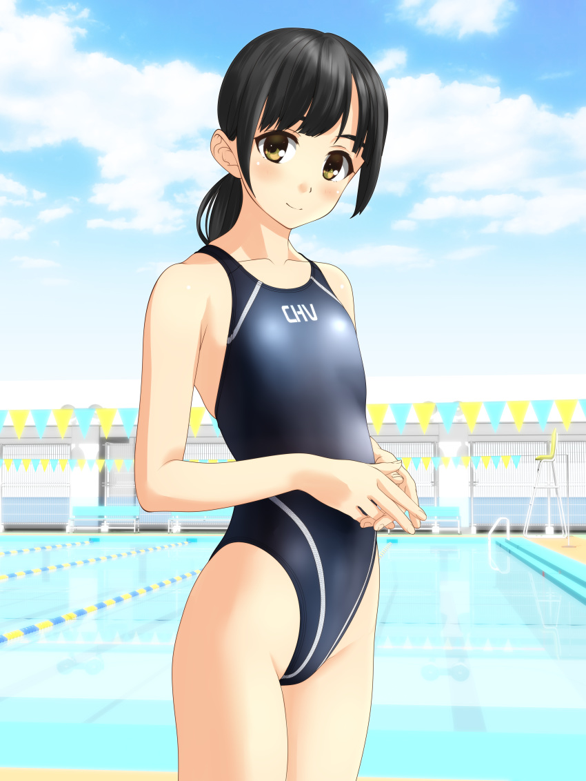 1girl absurdres bench black_hair black_swimsuit blue_sky clothes_writing clouds collarbone competition_swimsuit cowboy_shot day fence flat_chest highleg highleg_swimsuit highres long_hair looking_at_viewer low_ponytail one-piece_swimsuit original outdoors ponytail pool sky smile solo standing string_of_flags swimsuit takafumi yellow_eyes