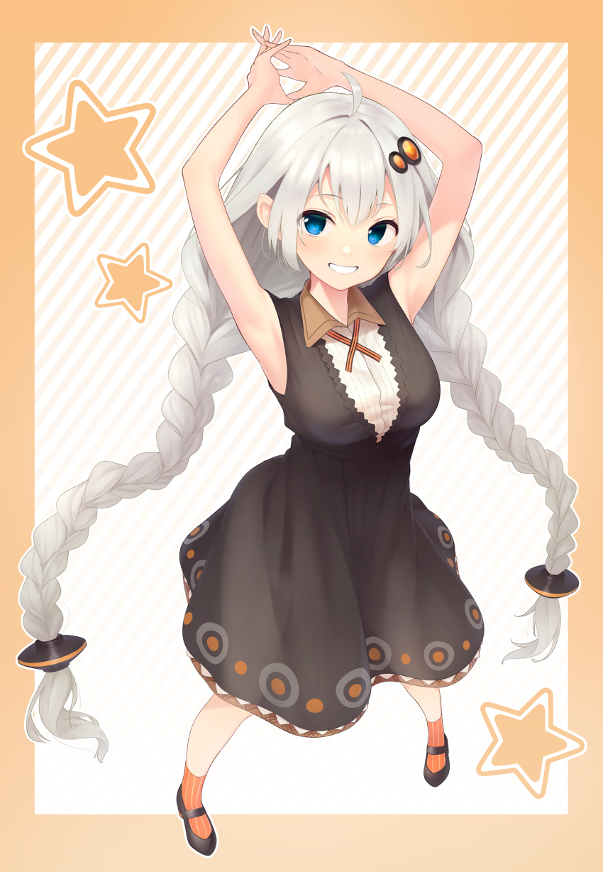 1girl :d ahoge armpits arms_up bangs black_dress black_footwear blue_eyes blush border braid breasts dress eyebrows_visible_through_hair from_above full_body grin hair_ornament highres kanpa_(campagne_9) kizuna_akari long_hair looking_at_viewer looking_up medium_breasts open_mouth orange_border orange_legwear own_hands_together shoes silver_hair sleeveless sleeveless_dress smile socks solo standing star_(symbol) striped striped_background striped_legwear teeth twin_braids vertical-striped_legwear vertical_stripes very_long_hair voiceroid