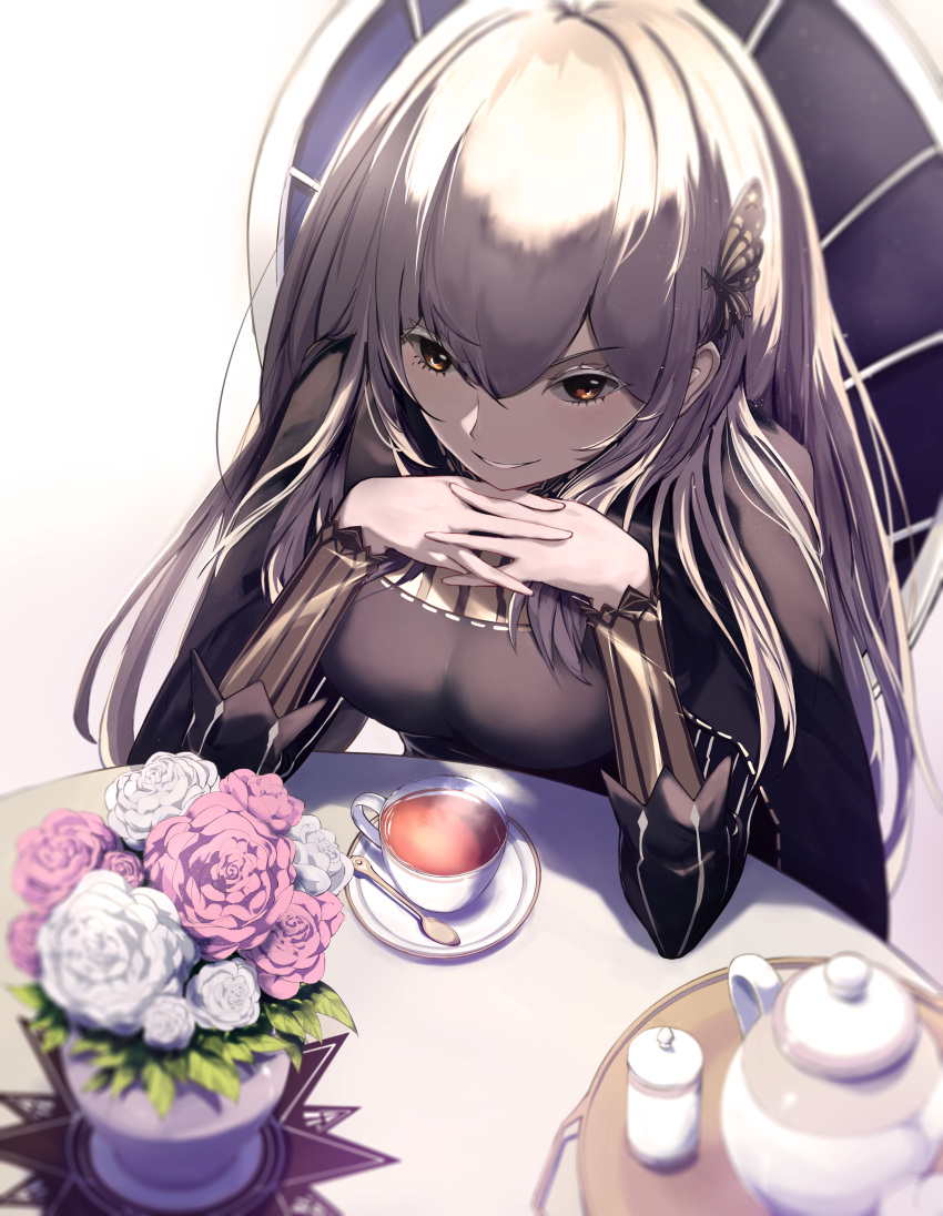 1girl a123456s absurdres black_dress brown_eyes butterfly_ornament cup dress echidna_(re:zero) hand_on_own_chin head_rest highres long_hair long_sleeves looking_at_viewer parted_lips re:zero_kara_hajimeru_isekai_seikatsu sitting smile solo teacup white_hair