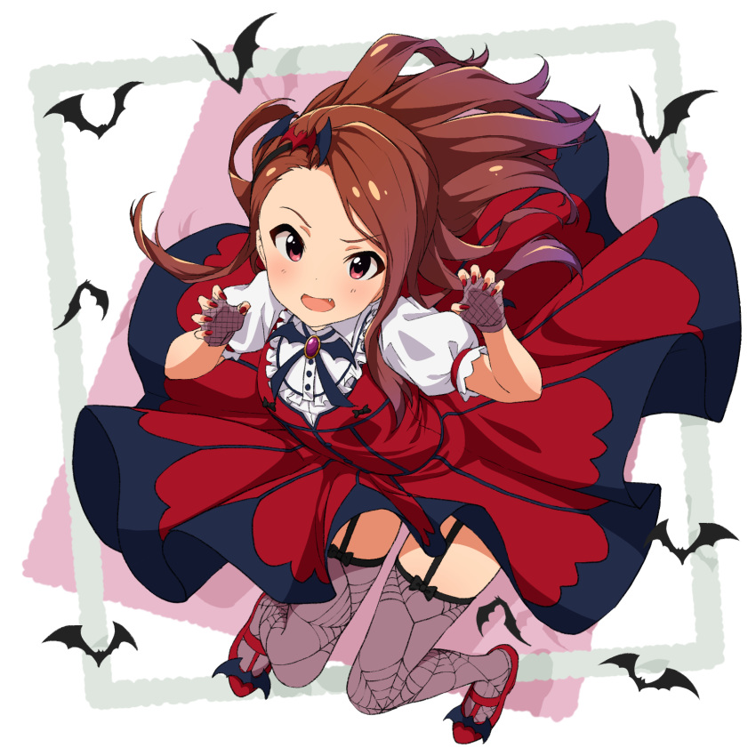 1girl asanaya bat blush brown_hair claw_pose commentary_request dress fang fingerless_gloves garter_straps gloves hair_ornament highres idolmaster idolmaster_million_live! idolmaster_million_live!_theater_days long_hair looking_at_viewer minase_iori my_dear_vampire nail_polish open_mouth puffy_short_sleeves puffy_sleeves red_eyes red_footwear red_nails shoes short_sleeves smile thigh-highs tongue