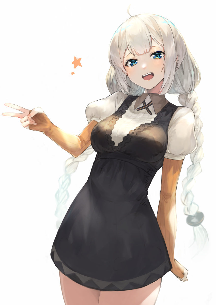 1girl :d absurdres arm_at_side black_dress blue_eyes blush braid breasts collared_shirt covered_navel cowboy_shot dress elbow_gloves fingerless_gloves gloves highres hiiragi_mikoto kizuna_akari long_hair looking_at_viewer medium_breasts open_mouth orange_gloves pinafore_dress puffy_short_sleeves puffy_sleeves shirt short_sleeves sidelocks silver_hair simple_background smile solo star_(symbol) twin_braids v very_long_hair voiceroid white_background white_shirt