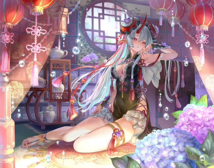 1girl arm_up armpits bangs bare_shoulders breasts caperata_(towahuyu) commentary_request covered_navel day flower full_body hair_between_eyes hair_ornament hand_on_own_face highres horns hydrangea long_hair looking_to_the_side medium_breasts nail_polish oni oni_horns original parted_lips plant pointy_ears red_eyes sitting solo sunlight tagme thick_eyebrows thigh_strap thighs water_drop white_hair window yokozuwari