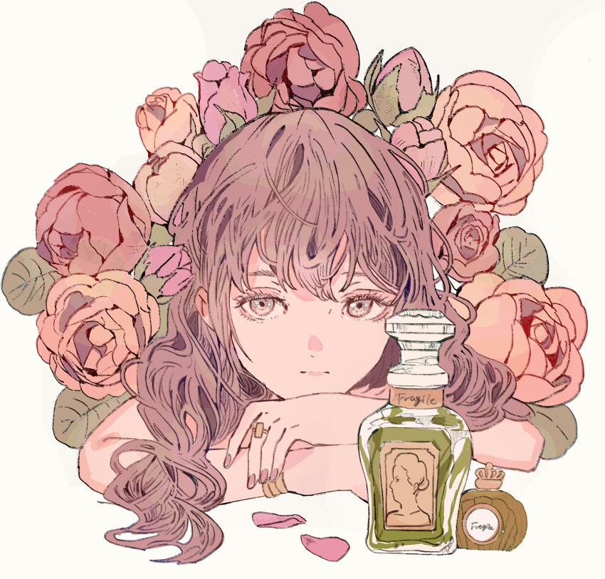 1girl bangs bottle brown_hair closed_mouth commentary_request eyebrows_behind_hair flower grey_background grey_eyes hair_between_eyes highres jewelry long_hair looking_at_viewer nail_polish original perfume_bottle pink_nails qooo003 red_flower red_rose ring rose simple_background solo upper_body