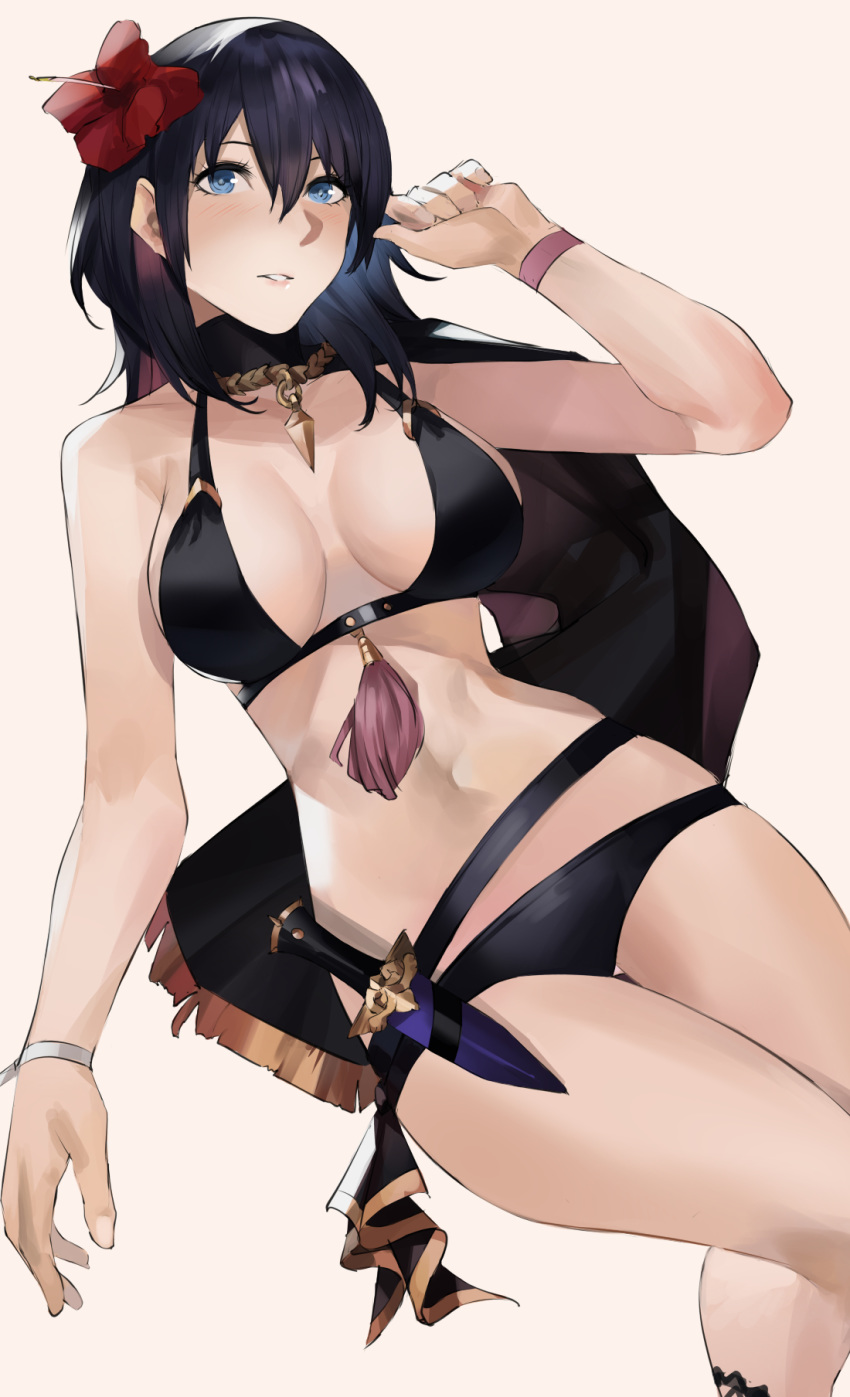 1girl bikini black_bikini blazpu blue_eyes blue_hair byleth_(fire_emblem) byleth_eisner_(female) dagger fire_emblem fire_emblem:_three_houses fire_emblem_heroes flower hair_flower hair_ornament highres parted_lips sheath sheathed simple_background solo swimsuit weapon