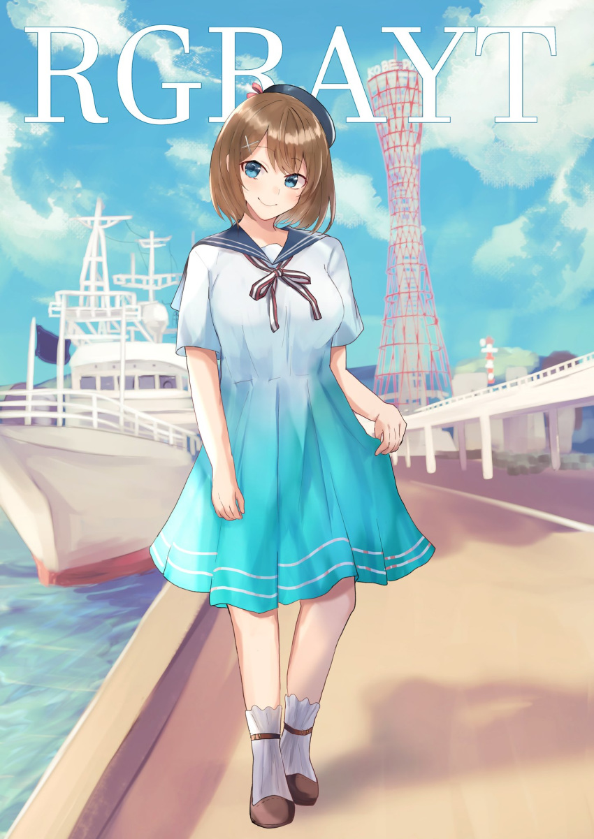 1girl beret blue_eyes blue_headwear blue_sailor_collar blue_sky brown_hair clouds commentary_request dress gradient gradient_background hair_ornament hat headgear highres kantai_collection looking_at_viewer maya_(kantai_collection) miyako_(00727aomiyako) remodel_(kantai_collection) sailor_collar sailor_dress ship short_hair sky solo tower watercraft white_dress x_hair_ornament