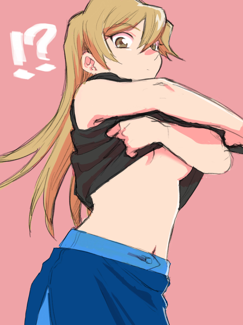 !? 1girl 203wolves absurdres bangs black_shirt blonde_hair blue_skirt breasts brown_eyes eyebrows_visible_through_hair hair_between_eyes highres lifted_by_self long_hair looking_at_viewer medium_breasts midriff navel pencil_skirt pink_background shiny shiny_hair shirt shirt_lift simple_background sketch skirt sleeveless sleeveless_shirt solo standing stomach straight_hair tenjouin_asuka under_boob very_long_hair yuu-gi-ou yuu-gi-ou_gx