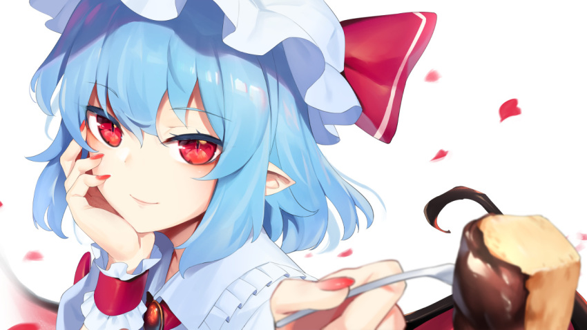 1girl asutora bat_wings blue_hair closed_mouth commentary_request eyebrows_visible_through_hair food fork hand_on_own_cheek hat holding holding_fork looking_at_viewer mob_cap nail_polish petals pointy_ears red_eyes red_nails remilia_scarlet short_hair simple_background smile solo touhou upper_body white_background wings wrist_cuffs
