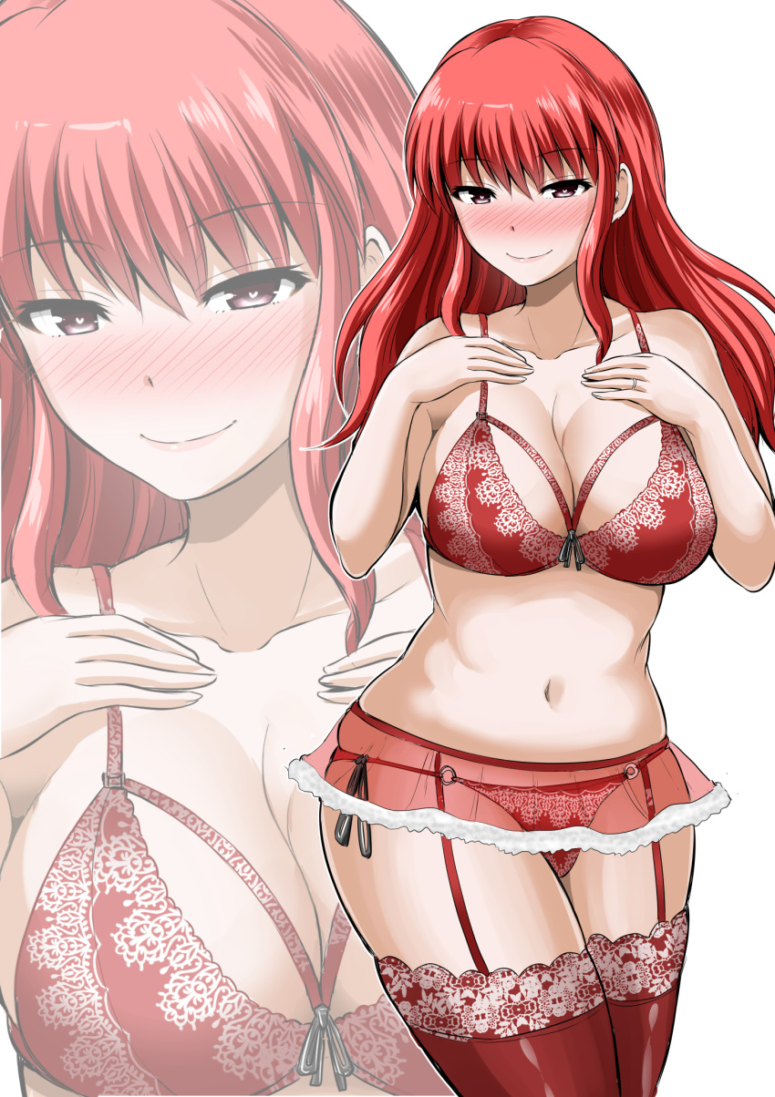 1girl bangs blush breasts commentary_request eyebrows_visible_through_hair highres long_hair looking_at_viewer navel original redhead solo underwear yano_toshinori