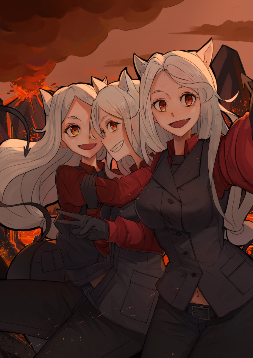 3girls absurdres animal_ears arm_grab bad_anatomy bangs black_gloves breasts cerberus_(helltaker) commentary_request demon_girl demon_tail dog_ears dog_girl fang fire gloves grin helltaker highres hug large_breasts leaning_forward long_hair looking_at_viewer multiple_girls necktie open_mouth outdoors parted_bangs red_eyes red_shirt shirt smile smoke tail triplets v vest volcano waistcoat white_hair xyz_(5636552)