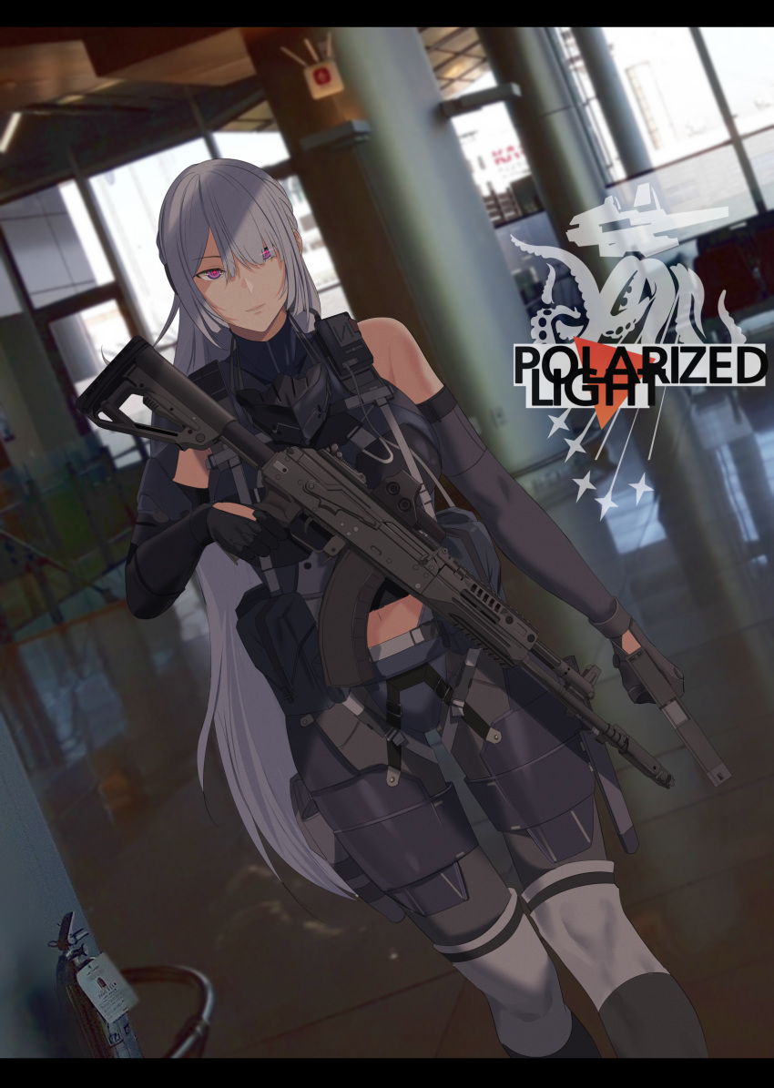 1girl absurdres ak-15 ak-15_(girls_frontline) artificial_eye assault_rifle bare_shoulders black_gloves closed_mouth door elbow_gloves fire_extinguisher girls_frontline gloves gun hair_over_one_eye handgun highres holding holding_gun holding_weapon indoors long_hair marotix midriff pink_eyes pistol rifle silver_hair standing tactical_clothes very_long_hair weapon window