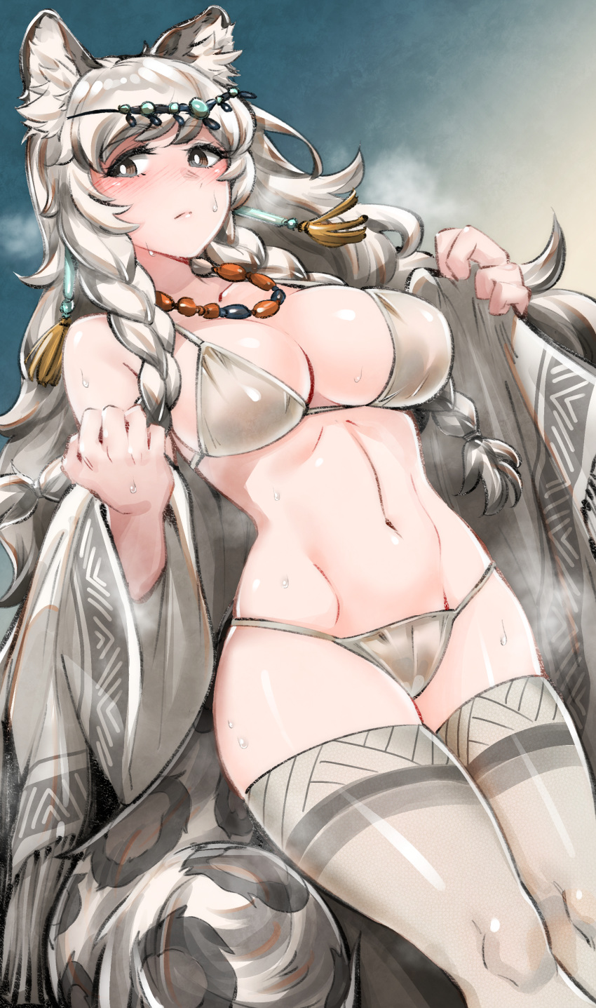 1girl absurdres animal_ears arknights bikini braid breasts grey_eyes highres jewelry large_breasts long_hair moto_toshi navel necklace pramanix_(arknights) silver_hair sweat swimsuit tail thigh-highs twin_braids very_long_hair