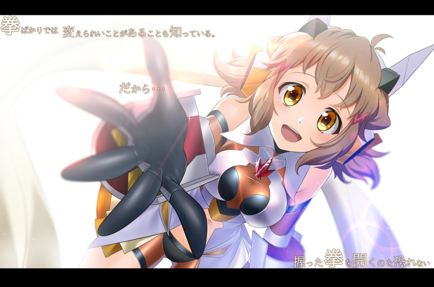 1girl black_gloves breasts gloves hair_ornament hairclip highres letterboxed light_brown_hair medium_breasts navel navel_cutout nyanmaru orange_eyes reaching_out scarf senki_zesshou_symphogear tachibana_hibiki_(symphogear)