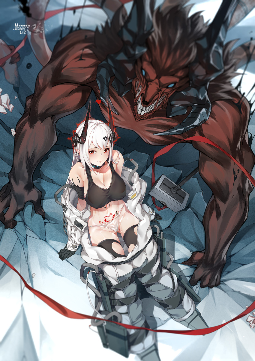 1girl absurdres arknights armor black_collar bra breasts collar crop_top demon demon_girl demon_horns egoist-001 grey_hair hammer highres horns huge_weapon large_breasts long_hair mudrock_(arknights) panties pubic_tattoo red_eyes sledgehammer sports_bra tattoo underwear war_hammer weapon wet wet_clothes wet_panties white_hair white_panties