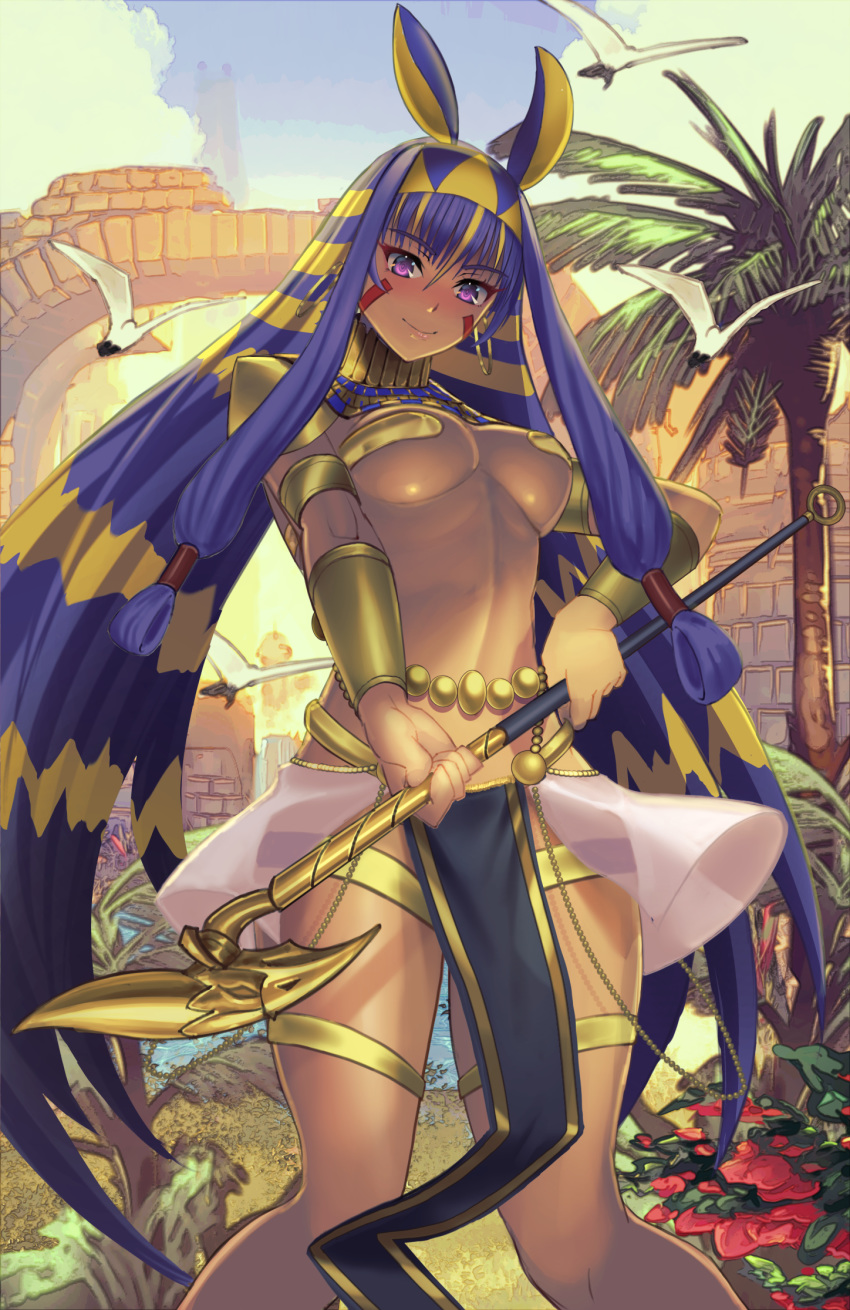 1girl animal_ears armlet bangs belly_chain bird blonde_hair blue_sky blush bracer breasts closed_mouth dark_skin earrings egyptian facepaint facial_mark fate/grand_order fate_(series) flower hairband highres hoop_earrings jackal_ears jewelry kazto_furuya long_hair looking_at_viewer multicolored_hair navel nitocris_(fate/grand_order) pelvic_curtain purple_hair sidelocks sky smile staff thighs two-tone_hair under_boob usekh_collar very_long_hair violet_eyes