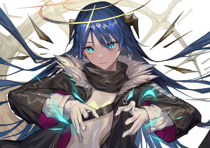 1girl aqua_eyes arknights black_jacket blue_hair blush breasts clock closed_mouth commentary demon_horns detached_wings english_commentary floating_hair fur-trimmed_jacket fur_trim gloves hair_between_eyes halo highres horns jacket krin long_hair long_sleeves looking_at_viewer magic mostima_(arknights) open_clothes open_jacket originium_arts_(arknights) roman_numerals shirt small_breasts smile solo strap turtleneck upper_body white_gloves white_shirt wings zipper