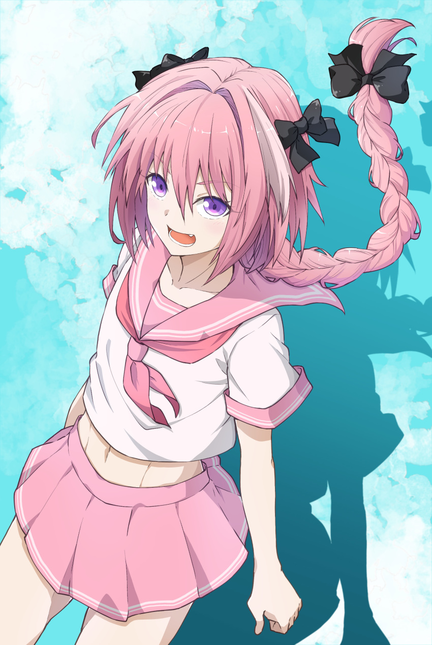 1boy absurdres astolfo_(fate) azami_masurao bangs black_bow blue_background blush bow braid crop_top fang fate/apocrypha fate/grand_order fate_(series) hair_intakes highres long_braid long_hair looking_at_viewer midriff multicolored_hair navel neckerchief open_mouth otoko_no_ko pink_hair pink_neckwear pink_sailor_collar pink_skirt sailor_collar school_uniform serafuku shirt short_sleeves single_braid skirt smile streaked_hair thighs violet_eyes white_hair white_shirt