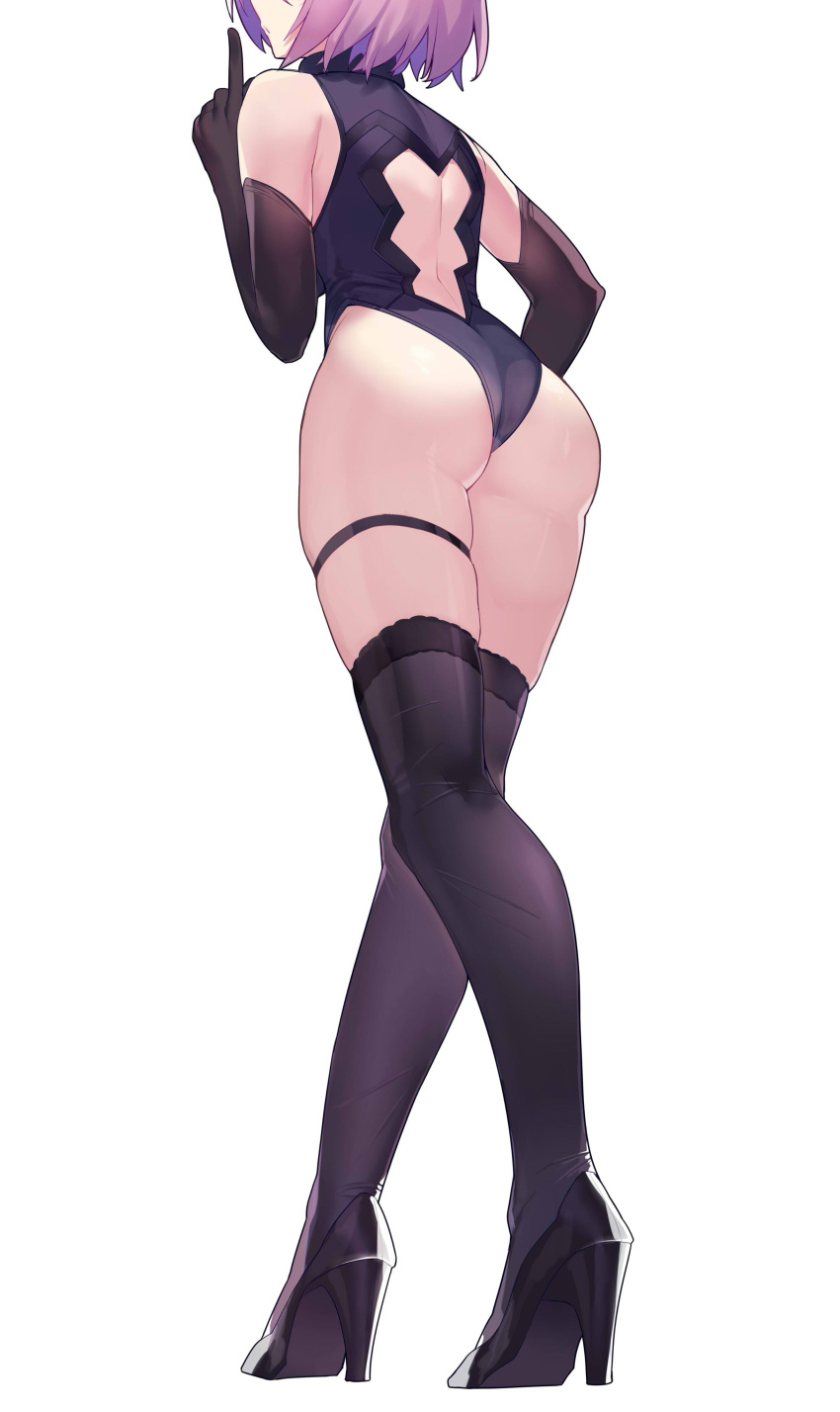 1girl absurdres ass back_cutout bodysuit boots elbow_gloves fate/grand_order fate_(series) gendo0032 gloves head_out_of_frame high_heels highres index_finger_raised mash_kyrielight pink_hair short_hair simple_background skindentation solo thigh-highs thigh_boots thigh_strap white_background