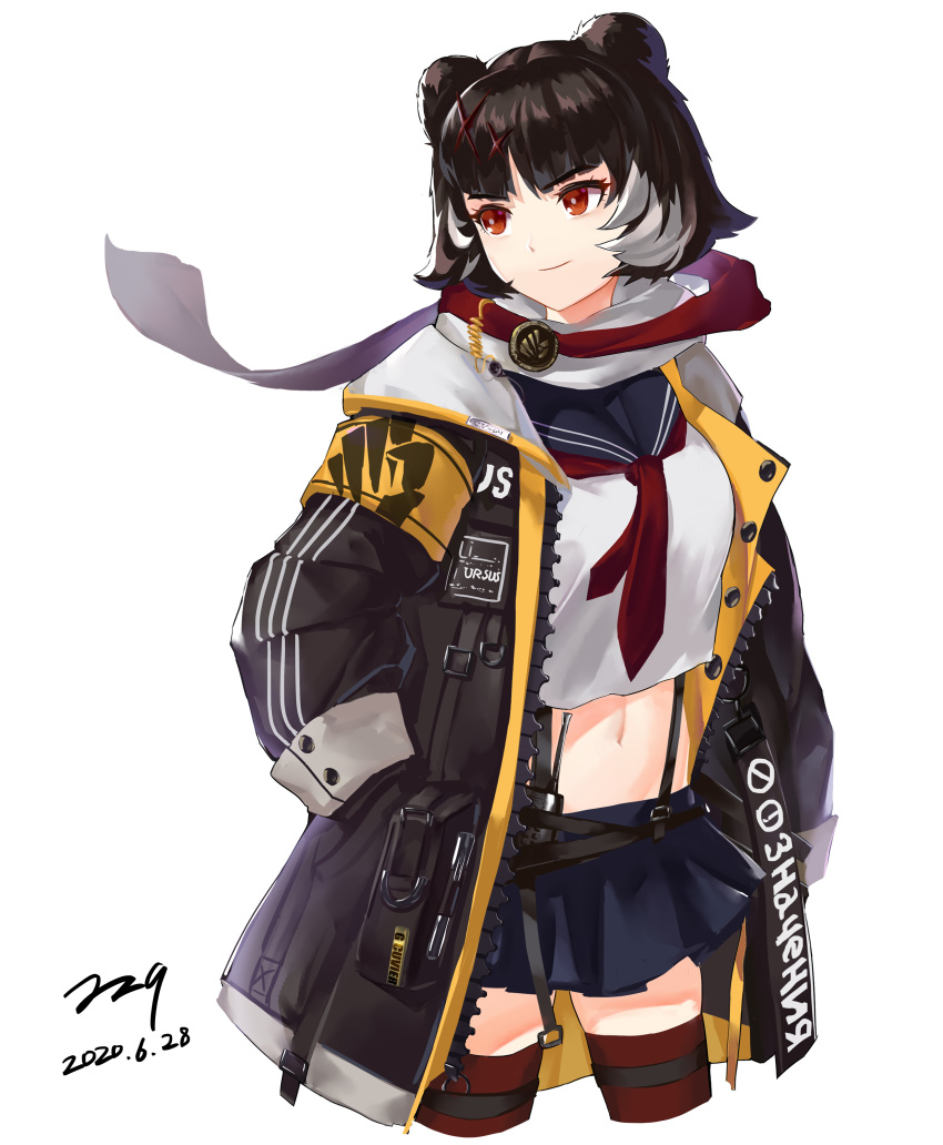 1girl absurdres animal_ears arknights bangs bear_ears black_footwear black_hair black_jacket blue_skirt crop_top crop_top_overhang cyrillic hair_ornament hands_in_pockets highres jacket leta_(arknights) long_sleeves midriff miniskirt multicolored_hair navel neckerchief open_clothes open_jacket pleated_skirt red_eyes red_legwear red_neckwear sailor_collar sailor_shirt scarf school_uniform serafuku shirt short_hair skirt smile solo stomach streaked_hair suspenders thigh-highs white_hair white_shirt zettai_ryouiki zzq