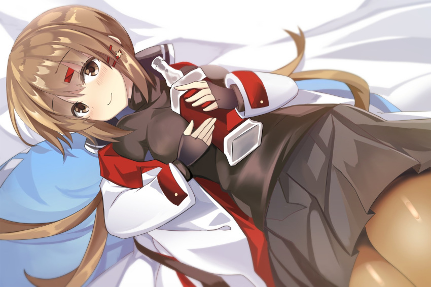 1girl alcohol black_bow black_gloves black_skirt black_sweater blue_shawl bottle bow brown_eyes brown_hair brown_legwear commentary_request cowboy_shot fathom fingerless_gloves gloves hair_bow highres jacket kantai_collection long_hair looking_at_viewer low_twintails lying open_clothes open_jacket pantyhose pleated_skirt skirt solo sweater tashkent_(kantai_collection) turtleneck twintails vodka white_jacket