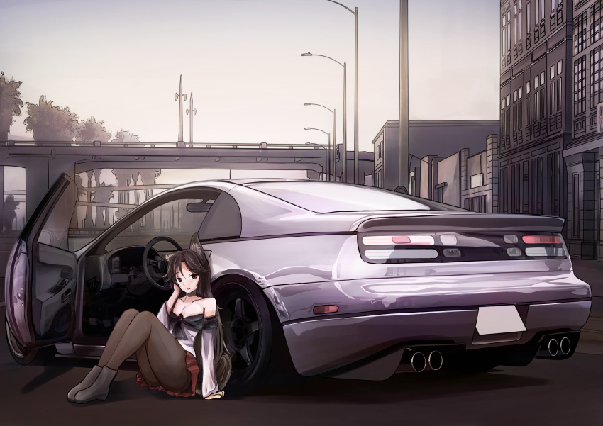 1girl 3books absurdres animal_ear_fluff animal_ears bare_shoulders black_hair blush brown_eyes car collarbone commentary eyebrows_visible_through_hair ground_vehicle hand_on_own_face highres imaizumi_kagerou long_hair long_sleeves looking_at_viewer motor_vehicle nissan_fairlady open_door pantyhose sitting_on_ground solo steering_wheel tagme touhou vehicle_focus