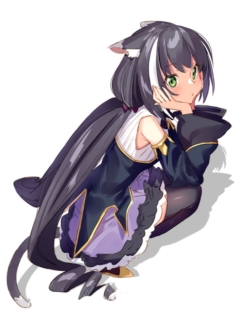 1girl absurdres animal_ear_fluff animal_ears bangs bare_shoulders black_hair black_legwear black_sleeves cat_ears cat_girl cat_tail closed_mouth commentary_request detached_sleeves eyebrows_visible_through_hair frilled_skirt frills full_body green_eyes hands_up highres karyl_(princess_connect!) kei_(soundcross) long_hair long_sleeves looking_at_viewer looking_back low_twintails multicolored_hair princess_connect! princess_connect!_re:dive purple_skirt ringlets shadow shirt skirt sleeveless sleeveless_shirt solo squatting streaked_hair tail thigh-highs twintails very_long_hair white_background white_hair white_shirt wide_sleeves