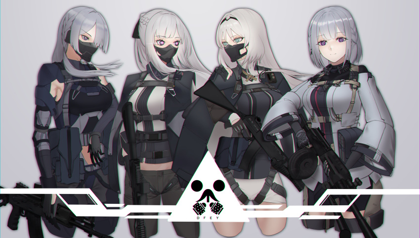 4girls absurdres ak-12 ak-12_(girls_frontline) ak-15 ak-15_(girls_frontline) an-94 an-94_(girls_frontline) aqua_eyes assault_rifle bangs black_gloves blunt_bangs braid closed_eyes closed_mouth commentary cowboy_shot defy_(girls_frontline) eyebrows_visible_through_hair french_braid girls_frontline gloves grey_background gun hair_between_eyes hair_over_one_eye headband high_ponytail highres holding holding_gun holding_weapon jacket jacket_on_shoulders light_machine_gun long_hair looking_at_viewer looking_to_the_side mask masked midriff multiple_girls navel_cutout one_eye_covered rifle rpk-16 rpk-16_(girls_frontline) saturndxy short_hair sidelocks silver_hair smile standing thighs trigger_discipline violet_eyes weapon wide_sleeves