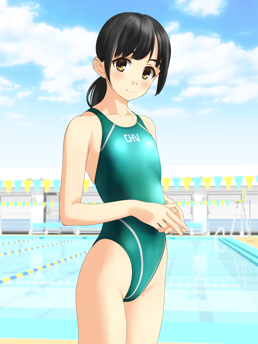 1girl absurdres aqua_swimsuit bench black_hair blue_sky clothes_writing clouds collarbone competition_swimsuit cowboy_shot day fence flat_chest highleg highleg_swimsuit highres long_hair looking_at_viewer low_ponytail one-piece_swimsuit original outdoors ponytail pool sky smile solo standing string_of_flags swimsuit takafumi yellow_eyes