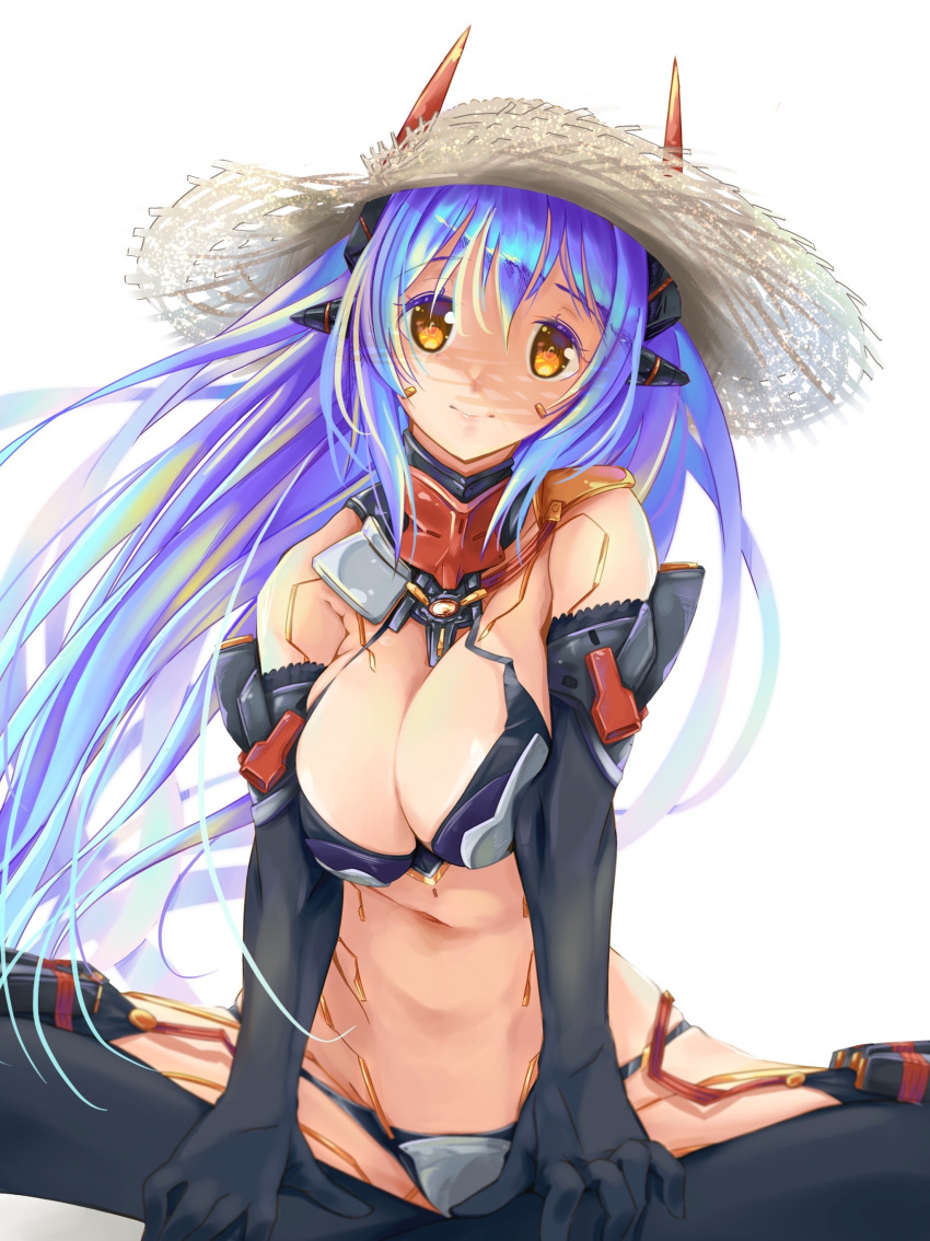 1girl absurdres android bikini breasts butterfly_sitting elbow_gloves gloves hana_(xenoblade) hana_jd hat highres large_breasts long_hair looking_at_viewer onigiri_(artist) orange_eyes purple_hair simple_background sitting smile solo sun_hat swimsuit thigh-highs white_background xenoblade_(series) xenoblade_2