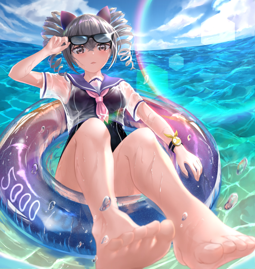 1girl absurdres adjusting_eyewear bangs bare_legs barefoot blue_sailor_collar blue_sky blush bronya_zaychik clouds collared_shirt commentary crossed_bangs day drill_hair eyewear_on_head feet followers grey_eyes grey_hair hair_ribbon highres honkai_(series) honkai_impact_3rd horizon innertube lens_flare long_hair looking_at_viewer neckerchief ocean one-piece_swimsuit open_mouth outdoors pink_neckwear purple_ribbon ribbon sailor_collar school_swimsuit shirt short_sleeves sidelocks sky solo splashing sprygon sunglasses swimsuit swimsuit_under_clothes twin_drills wet wet_clothes wet_shirt