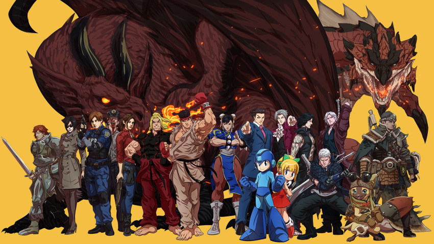 ada_wong arisen_(dragon's_dogma) armor barefoot boots capcom chun-li claire_redfield company_connection crossover dante_(devil_may_cry) devil_may_cry devil_may_cry_5 dougi dragon dragon's_dogma embers feylin fire formal glowing glowing_eyes grigori_(dragon's_dogma) gun gyakuten_saiban helmet highres horns jacket ken_masters leon_s_kennedy mechanical_arm mitsurugi_reiji monster_hunter naruhodou_ryuuichi nero_(devil_may_cry) official_art pointing pointing_at_viewer police police_uniform rathalos resident_evil resident_evil_2 rockman rockman_(character) rockman_(classic) roll ryuu_(street_fighter) silver_hair street_fighter street_fighter_v suit sword uniform v_(devil_may_cry) weapon zombie