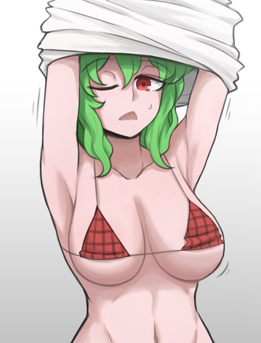 1girl armpits arms_up bikini breasts breasts_apart collarbone commentary english_commentary eyebrows_visible_through_hair green_hair hair_between_eyes highres kazami_yuuka looking_at_viewer mata_(matasoup) medium_breasts medium_hair micro_bikini navel one_eye_closed open_mouth plaid plaid_bikini plaid_swimsuit red_bikini red_eyes red_swimsuit solo stomach swimsuit touhou triangle_mouth under_boob undressing upper_body
