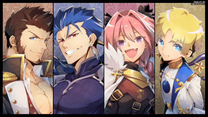 4boys astolfo_(fate) bangs black_border blonde_hair blue_eyes blue_hair border bow braid bright_pupils brown_hair chest cloak collar cu_chulainn_(fate)_(all) earrings epaulettes eyebrows_visible_through_hair facial_hair fang fate/apocrypha fate/grand_order fate/requiem fate_(series) fgo_moyashi fringe_trim fur-trimmed_cloak fur_collar fur_trim goatee hair_between_eyes hair_bow hair_intakes highres jacket jewelry long_hair looking_at_viewer male_focus military military_uniform multicolored_hair multiple_boys muscle napoleon_bonaparte_(fate/grand_order) open_clothes open_jacket open_mouth open_shirt parted_bangs pectorals pink_hair ponytail red_eyes scar sideburns single_braid smile streaked_hair toned toned_male unbuttoned uniform upper_body violet_eyes voyager_(fate/requiem) white_hair