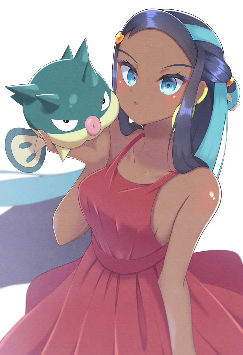 1girl :o absurdres alternate_costume aqua_hair black_hair blue_eyes breasts collarbone commentary_request dark_skin dress earrings eyelashes eyeshadow forehead gen_2_pokemon gym_leader highres holding holding_pokemon hoop_earrings imitating jewelry long_hair makeup multicolored_hair ochadzuke pokemon pokemon_(creature) pokemon_(game) pokemon_swsh qwilfish red_dress rurina_(pokemon) shiny shiny_hair shiny_skin sideboob two-tone_hair