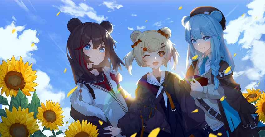 3girls ;d animal_ears arknights backlighting bear_ears belt beret black_choker black_jacket blonde_hair blue_eyes blue_hair brown_hair cardigan choker closed_mouth clouds day flower fur_trim gummy_(arknights) hair_ornament hairclip hat holding istina_(arknights) jacket long_hair looking_at_viewer multicolored_hair multiple_girls neckerchief off_shoulder one_eye_closed open_clothes open_jacket open_mouth orange_eyes outdoors owenhiruno parted_lips sailor_collar school_uniform sky smile streaked_hair sunflower twintails white_cardigan zima_(arknights)
