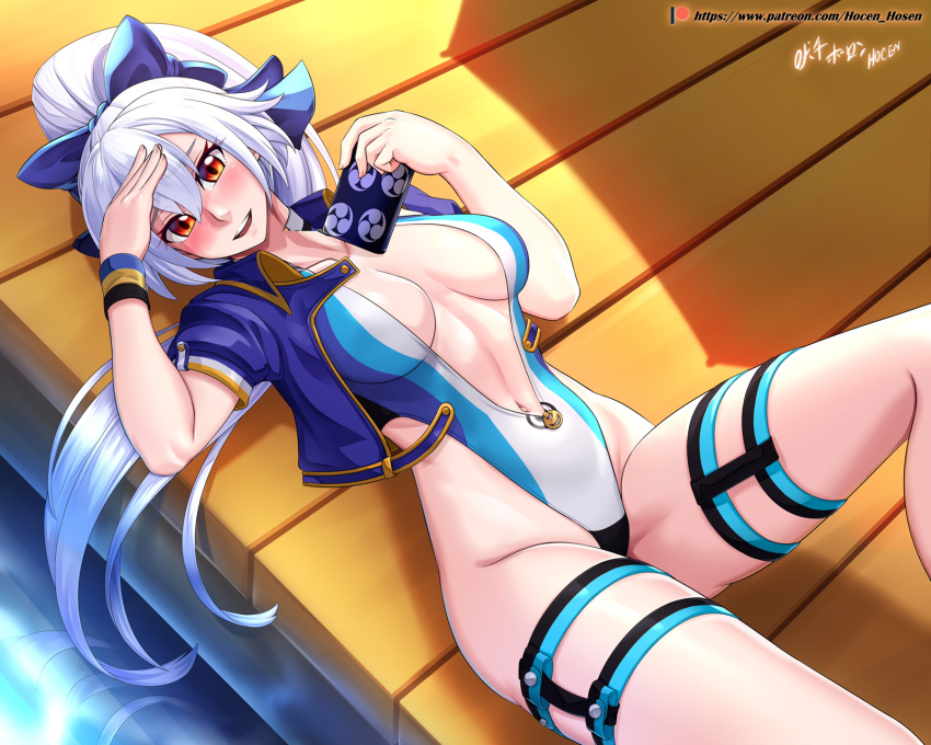 1girl adapted_costume blue_bow blue_jacket blue_swimsuit blush bow breasts breasts_apart cellphone collarbone competition_swimsuit cropped_jacket fate/grand_order fate_(series) hair_between_eyes hair_bow highleg highleg_swimsuit highres holding holding_phone jacket long_hair medium_breasts mitsudomoe_(shape) multicolored multicolored_clothes multicolored_swimsuit navel one-piece_swimsuit open_clothes open_jacket patreon_username phone ponytail red_eyes shadow silver_hair smartphone smile solo striped striped_swimsuit swimsuit thigh_strap tomoe_(symbol) tomoe_gozen_(fate/grand_order) tomoe_gozen_(swimsuit_saber)_(fate) unzipped very_long_hair vilde_loh_hocen watermark web_address white_swimsuit wristband