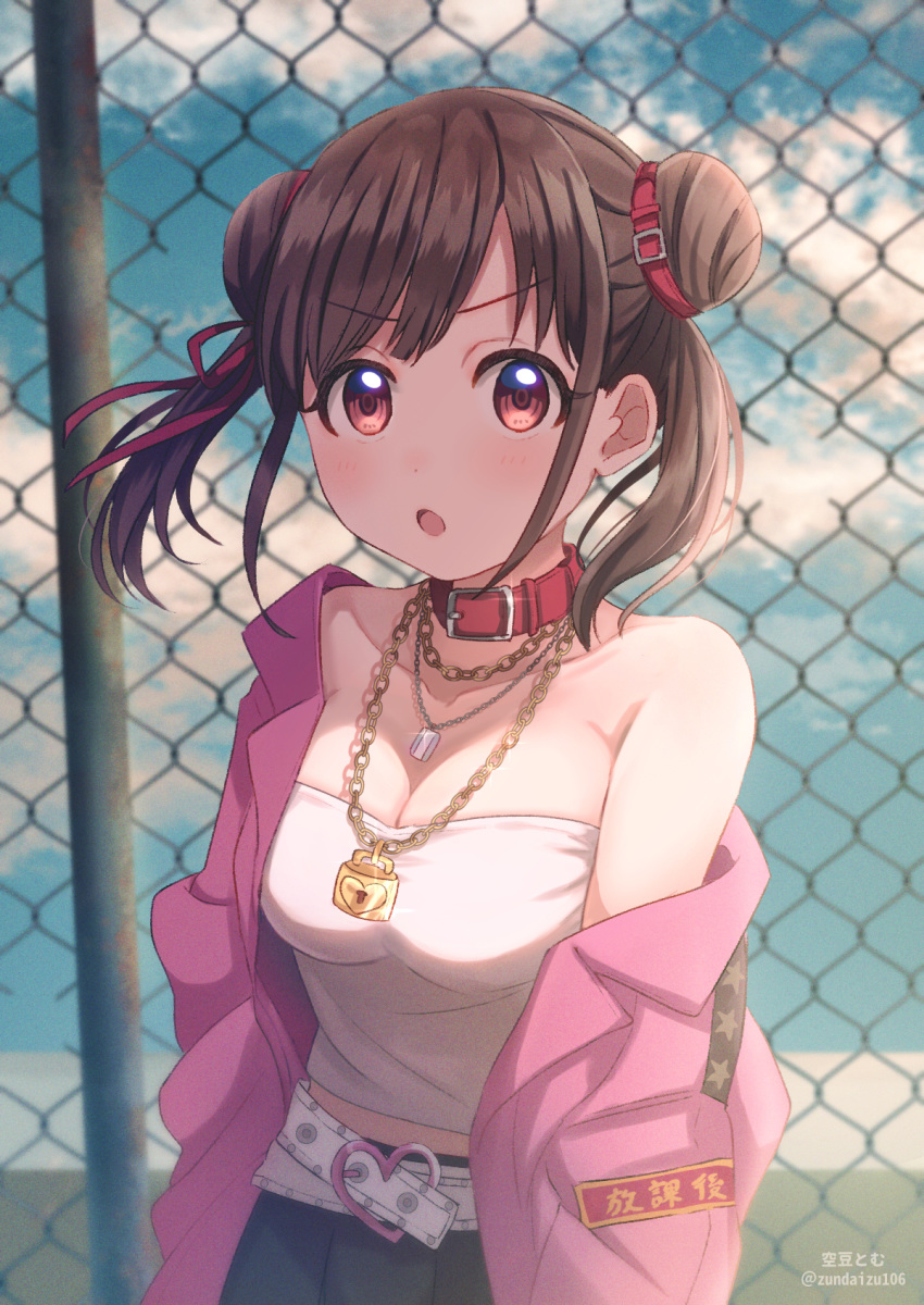 1girl :o bangs bare_shoulders belt blue_sky blush breasts brown_eyes brown_hair chain-link_fence clouds collar collarbone commentary_request day double_bun eyebrows_visible_through_hair fence hair_ornament heart highres idolmaster idolmaster_shiny_colors jacket jewelry large_breasts lock long_hair long_sleeves looking_at_viewer necklace open_mouth outdoors pink_collar pink_jacket red_eyes shirt skirt sky smile solo sonoda_chiyoko soramame_tomu translation_request twintails white_belt