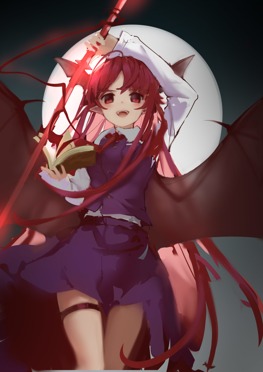 1girl absurdres ahoge alternate_color alternate_weapon arm_over_head arm_up bangs bat_wings book buttons collared_shirt cowboy_shot demon_girl floating_hair full_moon glowing glowing_weapon hand_up head_wings highres holding holding_book holding_spear holding_weapon koakuma long_hair long_sleeves moon necktie open_book open_mouth pointy_ears polearm purple_skirt purple_vest red_eyes red_neckwear redhead sancking_(fatekl) shirt skirt skirt_set slit_pupils solo spear swept_bangs teeth thigh_strap touhou very_long_hair vest weapon white_shirt wings