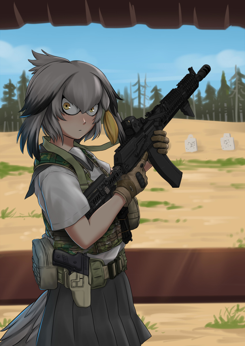 1girl absurdres assault_rifle black_hair blonde_hair commentary day english_commentary gloves grey_hair gun handgun highres holding holding_gun holding_weapon holster holstered_weapon kemono_friends load_bearing_vest millimeter multicolored_hair outdoors pistol pleated_skirt rifle school_uniform serafuku shoebill_(kemono_friends) shooting_range short_sleeves skirt solo tail trigger_discipline weapon weapon_request yellow_eyes