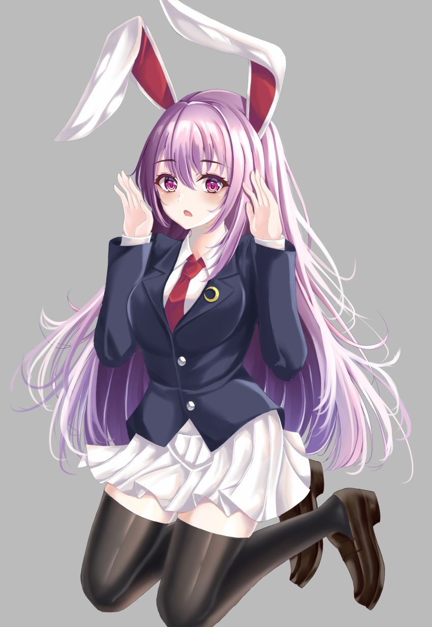 1girl :o absurdres animal_ears black_jacket black_legwear blazer blush breasts bunny_girl bunny_pose collared_shirt crescent crescent_moon_pin full_body hair_between_eyes hands_up highres jacket kneeling kure:kuroha long_hair looking_at_viewer medium_breasts miniskirt necktie pink_eyes pleated_skirt purple_hair rabbit_ears red_eyes red_neckwear reisen_udongein_inaba shirt skirt solo thigh-highs touhou very_long_hair white_shirt white_skirt