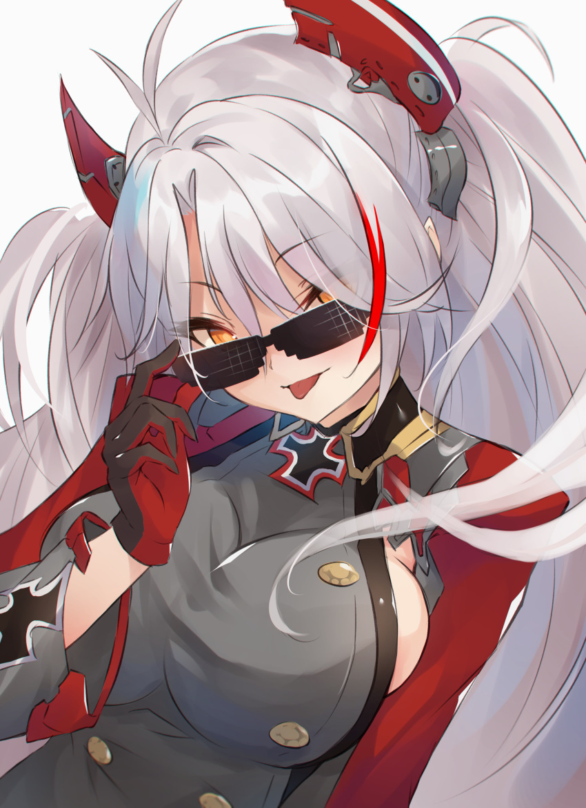 absurdres antenna_hair azur_lane bangs deal_with_it diieru headgear highres holding holding_eyewear iron_cross meme mlg multicolored_hair prinz_eugen_(azur_lane) redhead silver_hair streaked_hair sunglasses swept_bangs tongue tongue_out two_side_up