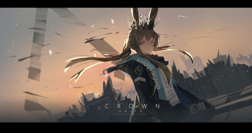 1girl absurdres amiya_(arknights) animal_ears arknights bangs black_jacket brown_hair closed_eyes commentary crown highres jacket letterboxed loftcat long_hair long_sleeves open_clothes open_jacket originium_(arknights) rabbit_ears shirt solo white_shirt