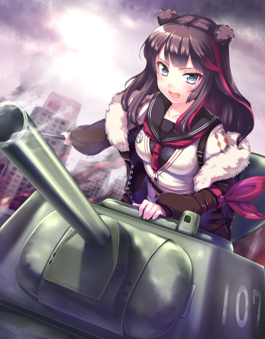 1girl animal_ears arknights bear_ears black_hair black_jacket blue_eyes burning cardigan cityscape commentary fang fur-trimmed_jacket fur_trim ground_vehicle hand_up highres holding holding_weapon jacket long_hair long_sleeves military military_vehicle motor_vehicle multicolored_hair neckerchief off_shoulder open_mouth rock.fc sailor_collar school_uniform smoke solo streaked_hair t-34 tank twintails upper_body weapon white_cardigan zima_(arknights)