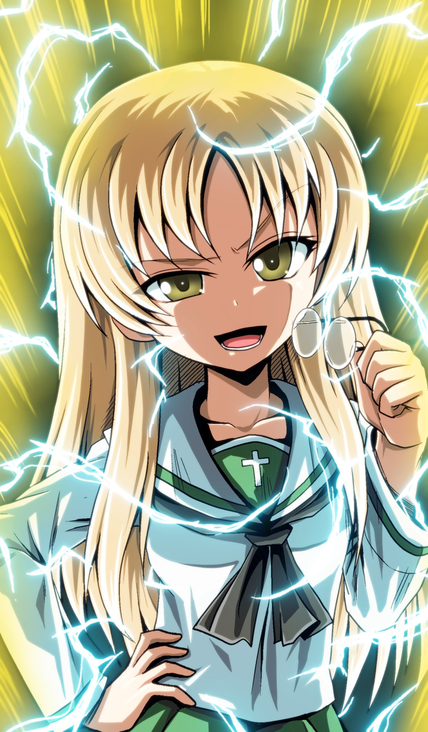 1girl absurdres alternate_hairstyle aura bangs black_neckwear blonde_hair blouse brown_eyes dragon_ball dragon_ball_z electricity eyebrows_visible_through_hair eyewear_removed girls_und_panzer glasses green_skirt hair_down half-closed_eye hand_on_hip highres holding holding_eyewear kamishima_kanon long_hair long_sleeves looking_at_viewer neckerchief ooarai_school_uniform oono_aya open_mouth pleated_skirt raised_eyebrows round_eyewear sailor_collar school_uniform serafuku skirt smirk solo standing super_saiyan super_saiyan_2 upper_body white_blouse white_sailor_collar